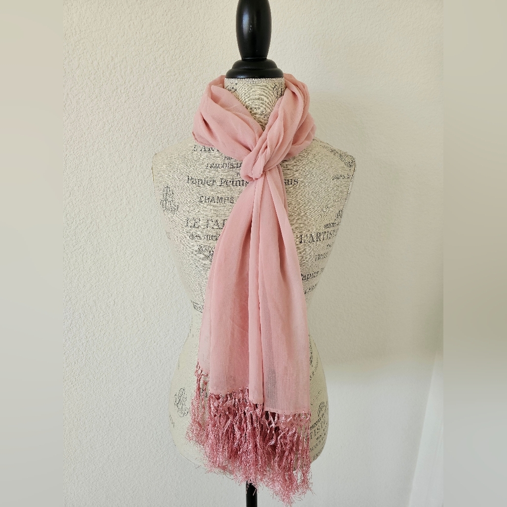 Echo 100% Silk Scarf Wrap Dusty Rose Pink Fringed Lightweight Chiffon